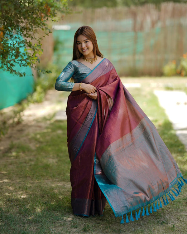 Deep Red Kubera Pattu Kanji-Varam Silk with Two-Tone Border Saree.