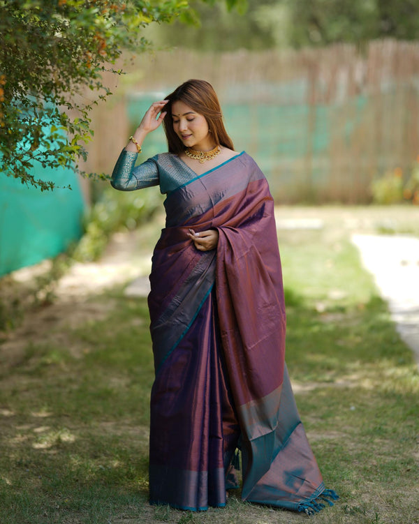 Plum Purple Kubera Pattu Kanji-Varam Silk with Two-Tone Border Saree.