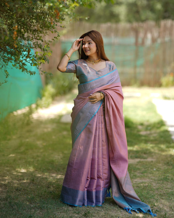 Faded Pink Kubera Pattu Kanji-Varam Silk with Two-Tone Border Saree.