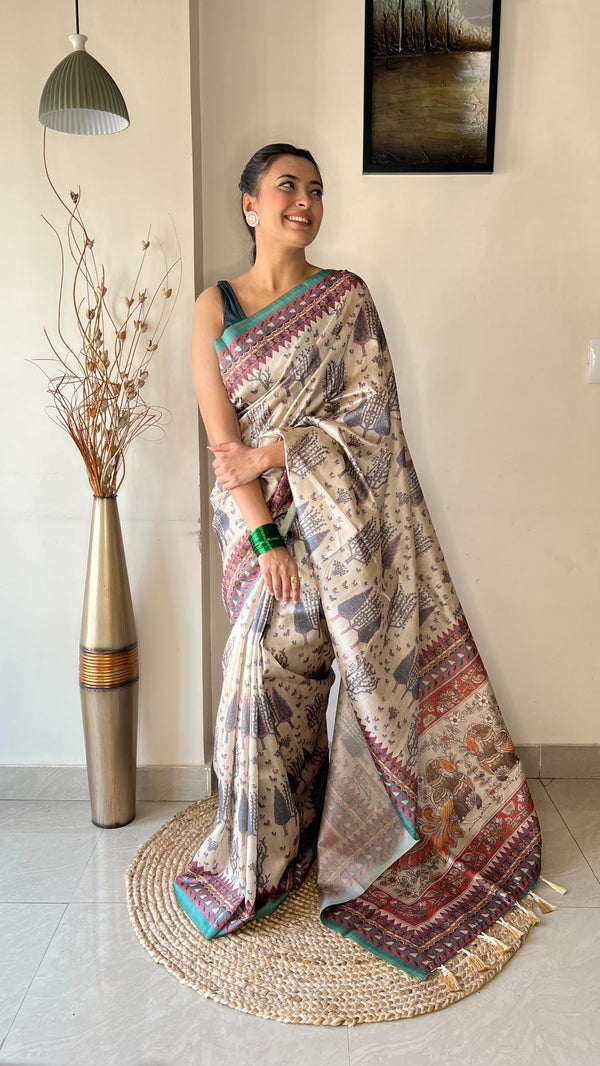 Off White With Teal Blue Border Soft Silk Saree with Tribal and Kalamkari Prints - PAHRAVA