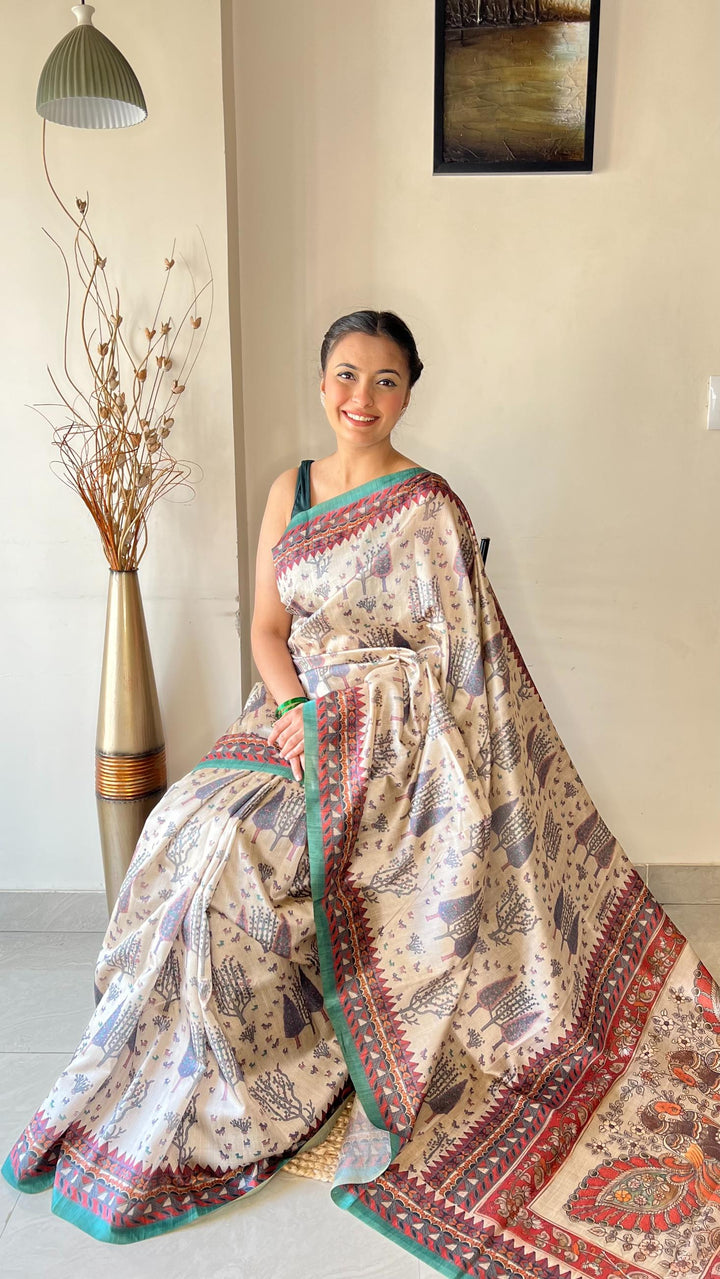 Off White With Teal Blue Border Soft Silk Saree with Tribal and Kalamkari Prints - PAHRAVA