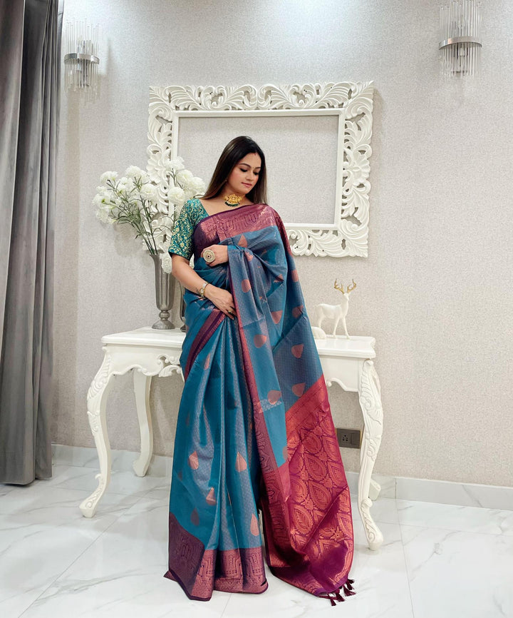 Teal blue kubera pattu kanjivaram silk saree - PAHRAVA