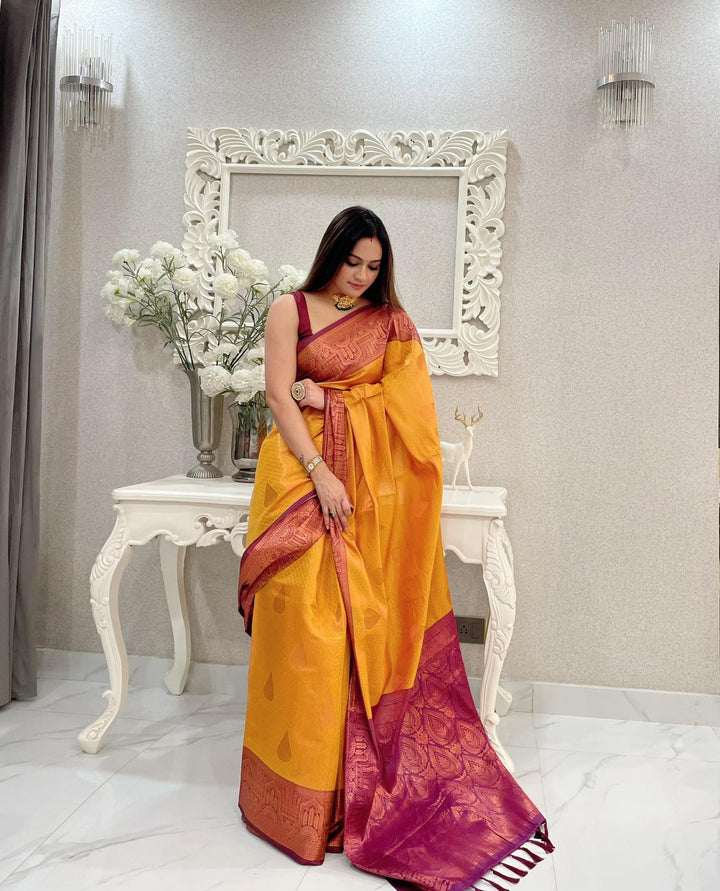 Mustard yellow kubera pattu kanjivaram silk saree - PAHRAVA