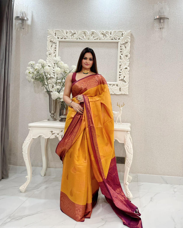 Mustard yellow kubera pattu kanjivaram silk saree - PAHRAVA