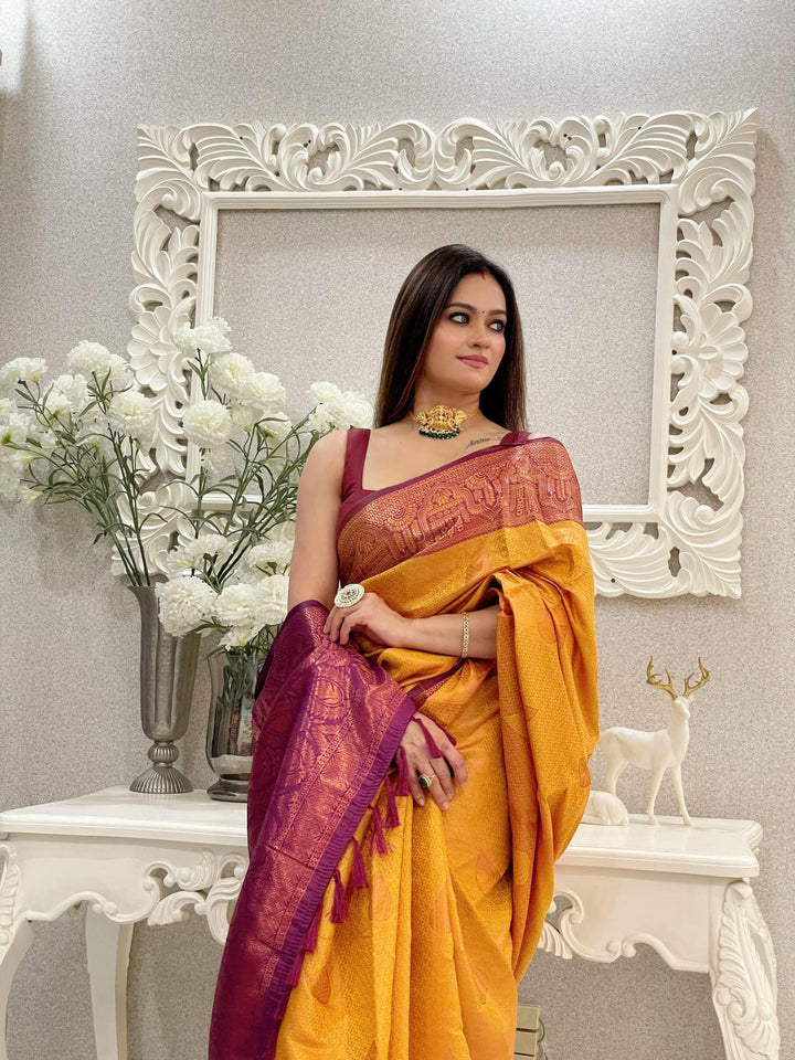 Mustard yellow kubera pattu kanjivaram silk saree - PAHRAVA