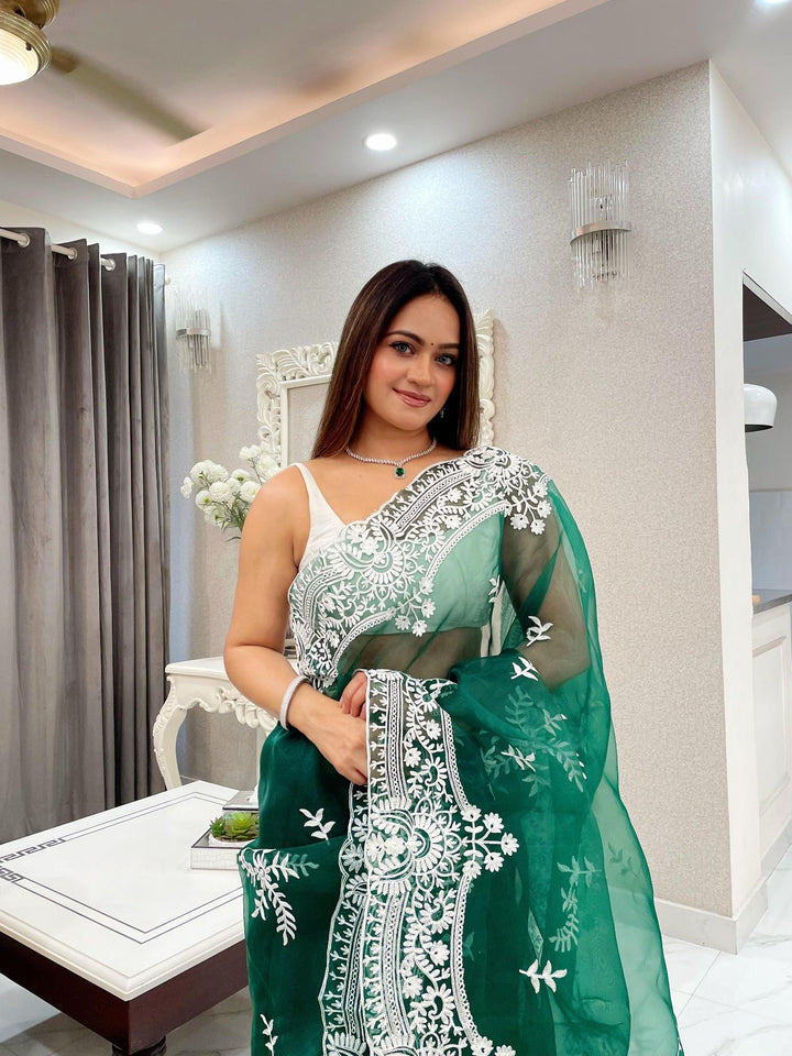 Teal green handcrafted organza saree - PAHRAVA