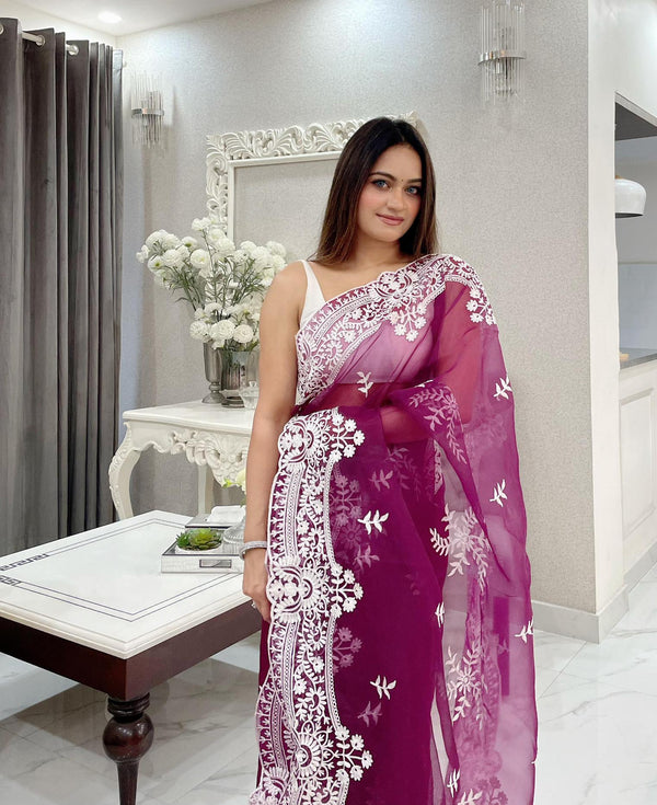 True Lavender handcrafted organza saree - PAHRAVA