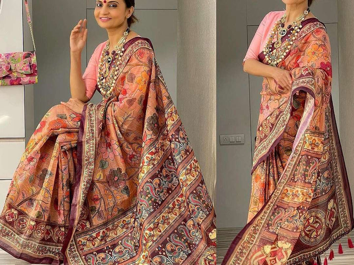 Fresh Pink Kalamkari cotton saree - PAHRAVA