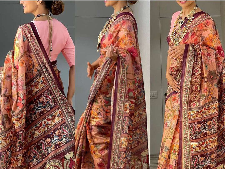 Fresh Pink Kalamkari cotton saree - PAHRAVA