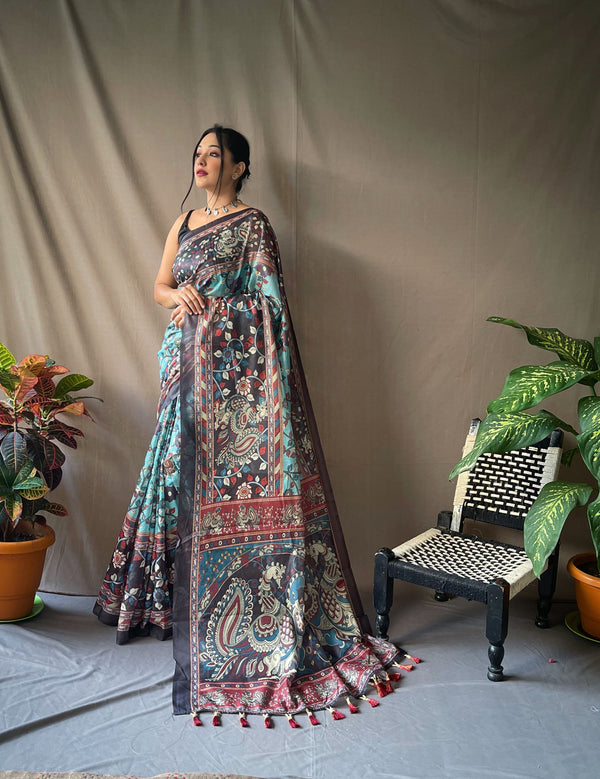 Soft Sky Kalamkari cotton saree - PAHRAVA