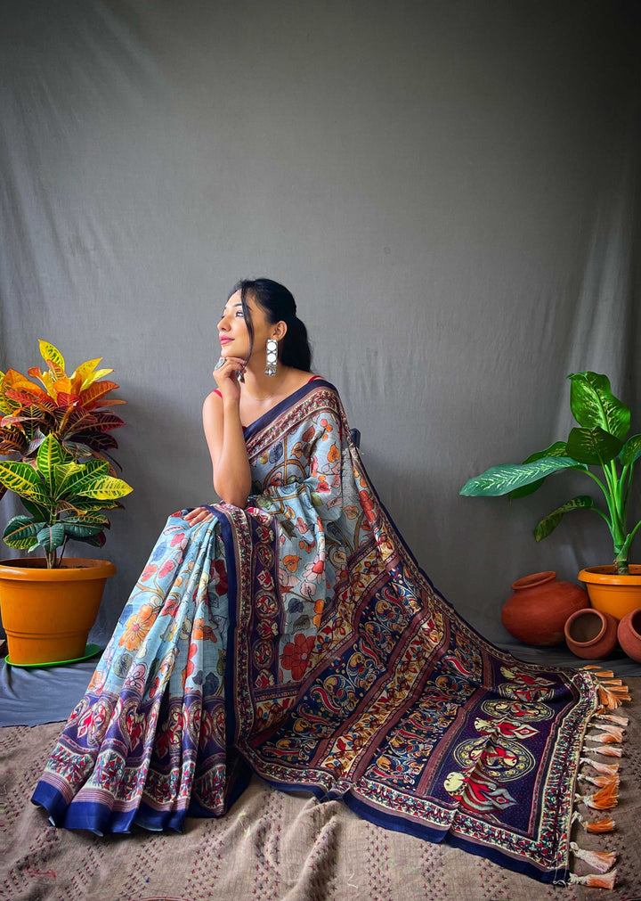 Soft Sky Kalamkari cotton saree - PAHRAVA