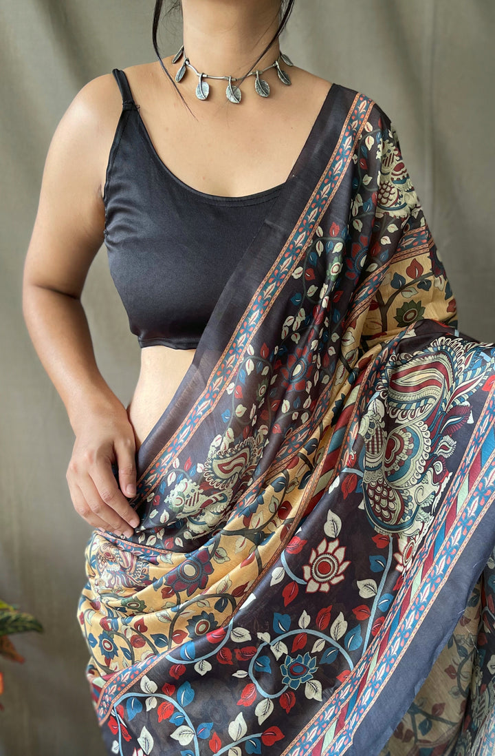 Warm Yellow Kalamkari cotton saree - PAHRAVA